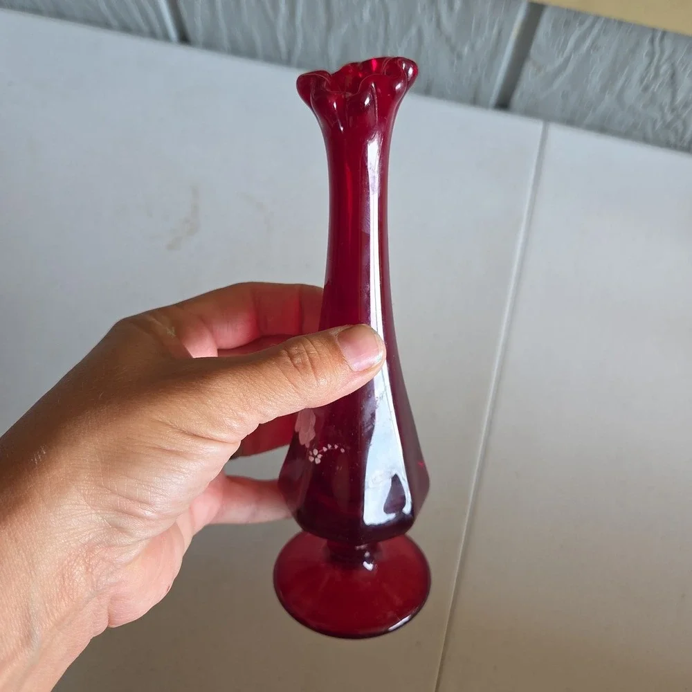 Fenton Ruby Red Swung Bud Crimped Glass Vase Hand-Painted Floral Artist Signed
